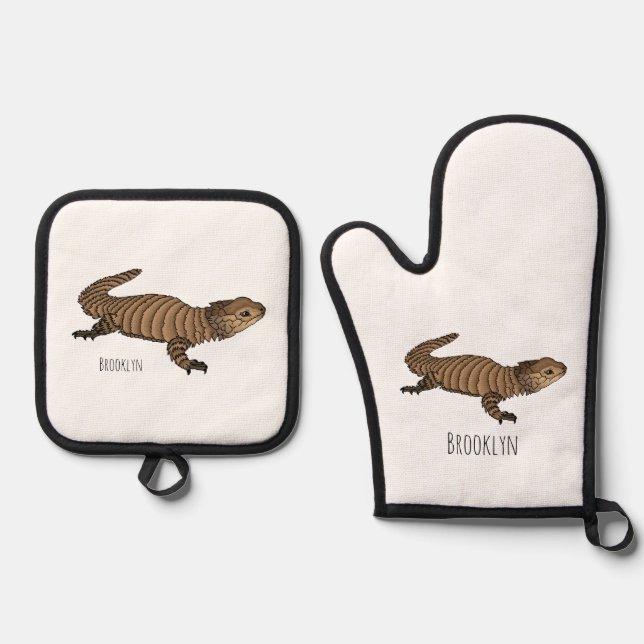 Armadillo girdled lizard cartoon illustration  oven mitt & pot holder set (Front)