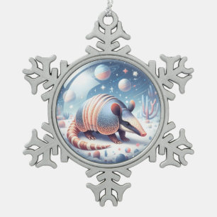 Armadillo with Cosmic Background Snowflake Pewter Christmas Ornament