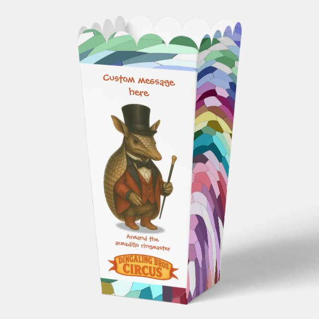 Armand, armadillo ringmaster favour box (Front)
