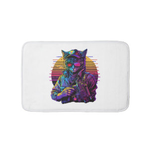 Armed Cat in Night City Cyberpunk Game Bath Mat