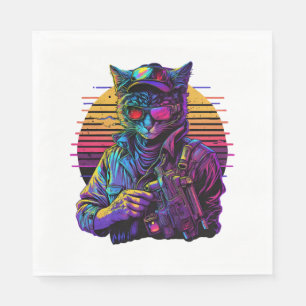 Armed Cat in Night City Cyberpunk Game Napkin