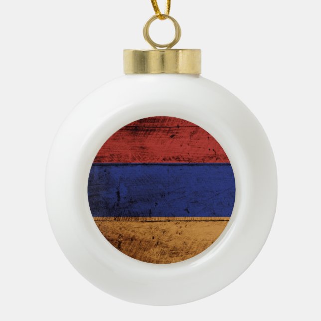 Armenia Flag on Old Wood Grain Ceramic Ball Christmas Ornament (Front)