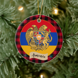 Armenia, Red buffalo plaid & Armenian Flag Ceramic Ornament