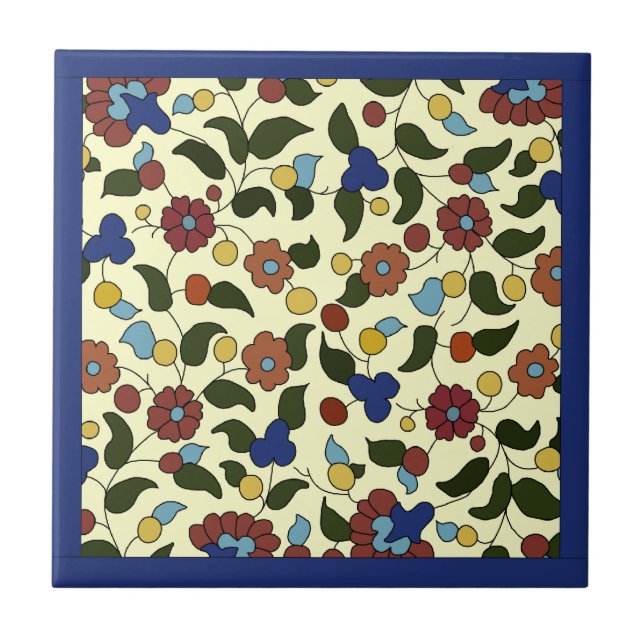 Armenian Floral Pattern  - Blue & Cream Ceramic Tile (Front)
