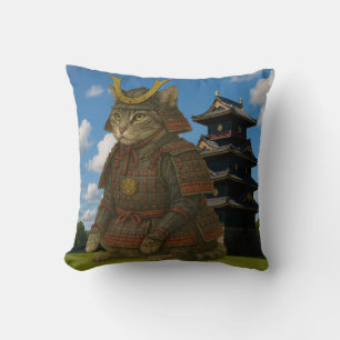 Armored Cat Warrior Illustration Cushion