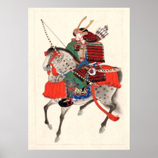 armour and horned helmet, Samurai on horseback Poster