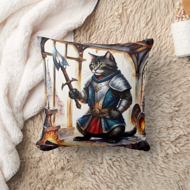 Armoured Cat Holding Spear in Blacksmith Workshop Cushion (Blanket)