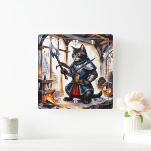 Armoured Cat Holding Spear in Blacksmith Workshop Square Wall Clock