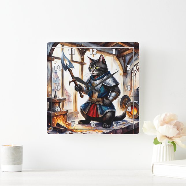 Armoured Cat Holding Spear in Blacksmith Workshop Square Wall Clock (Home)