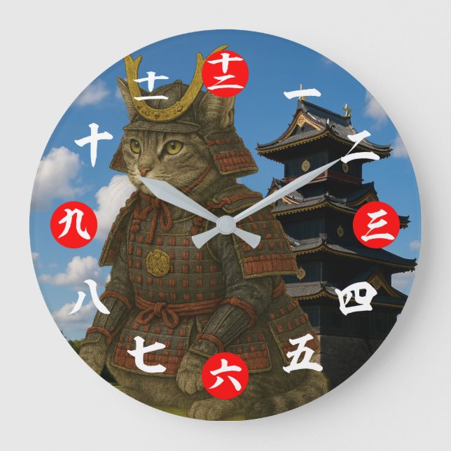 Armoured Cat Warrior Illustration Large Clock (Front)