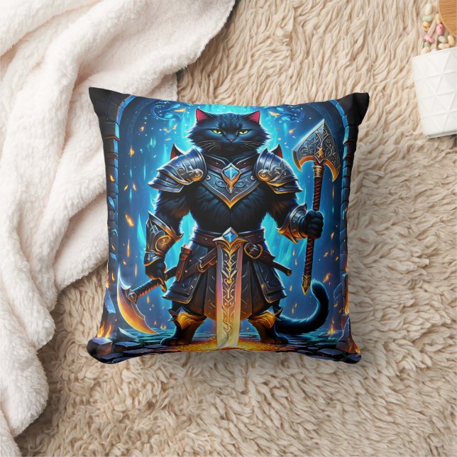 Armoured Cat Warrior in a Mystical Setting Cushion (Blanket)