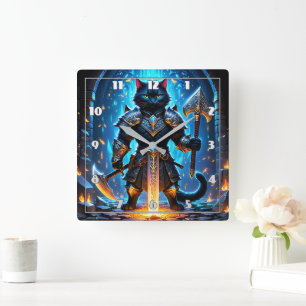 Armoured Cat Warrior in a Mystical Setting Square Wall Clock