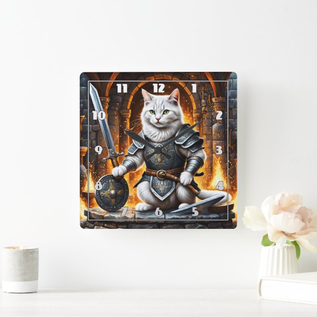 Armoured Cat With Sword and Shield Square Wall Clock (Home)