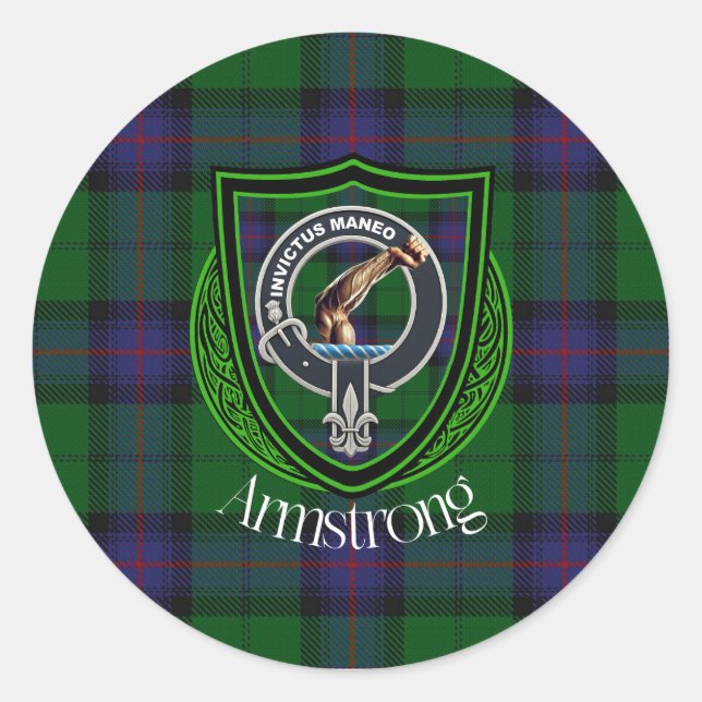 Armstrong Scottish Clan Tartan & Crest Classic Round Sticker (Front)