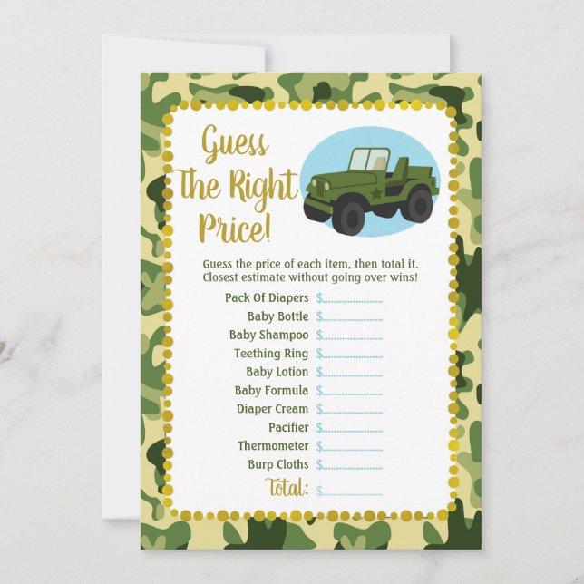 Army Camo Baby Guess The Right Price Game (Front)