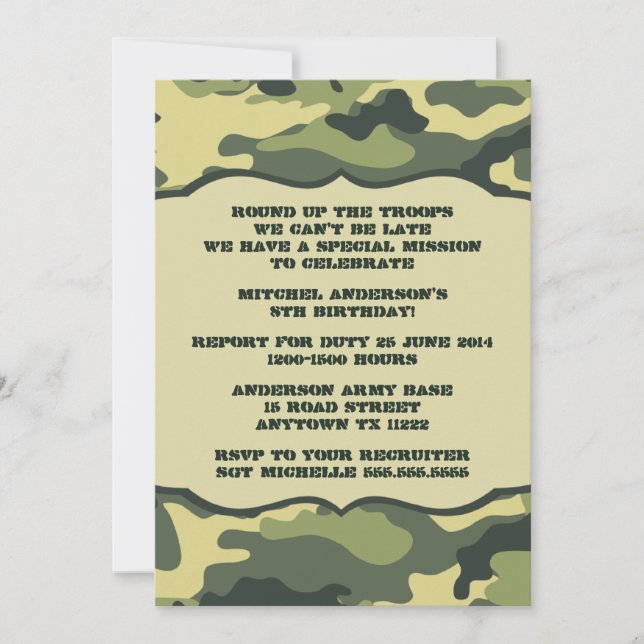 Army Camo Birthday Party invites green camouflage (Front)