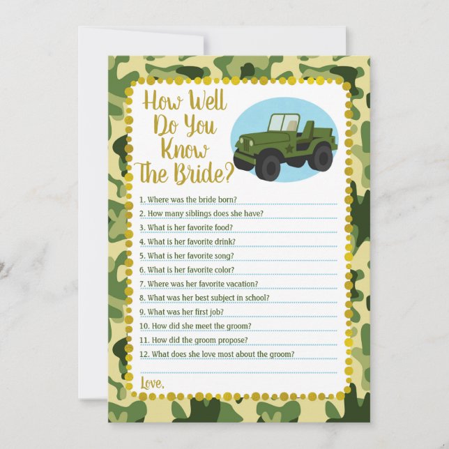 Army Camo How Well Do You Know The Bride Game Invitation (Front)