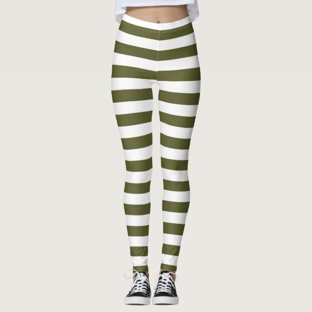 Army Green and White Stripes Leggings (Front)