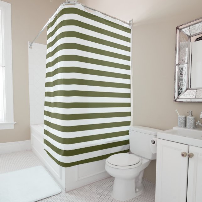 Army Green and White Stripes Shower Curtain (In Situ)