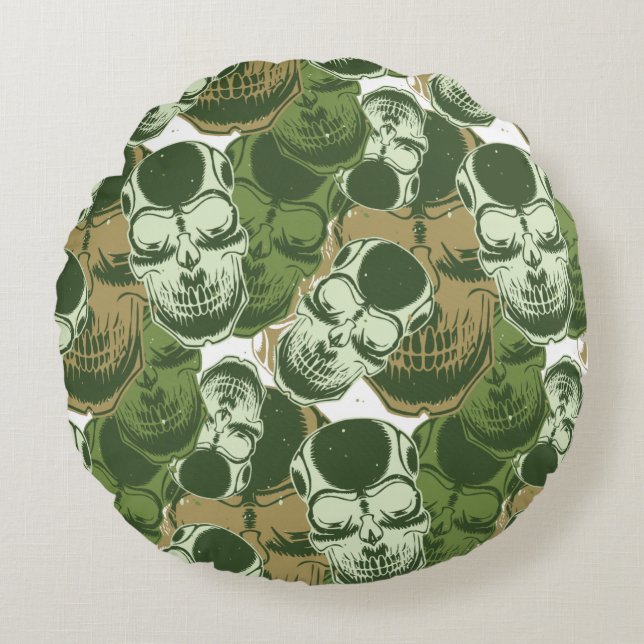 Army Green Camo Skull Pattern Round Cushion (Front)