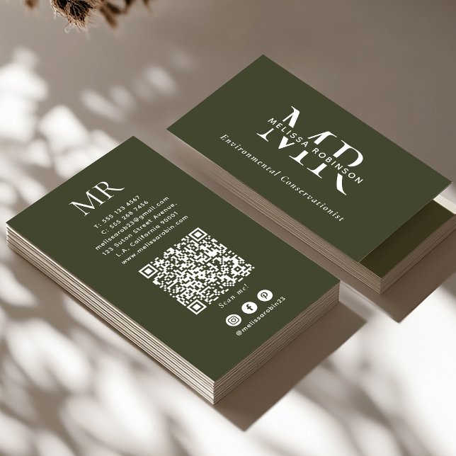 Army Green Monogram, QR Code & Social Media Simple Business Card (Creator Uploaded)