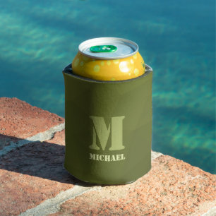 Army green olive geometric mesh pattern Monogram Can Cooler