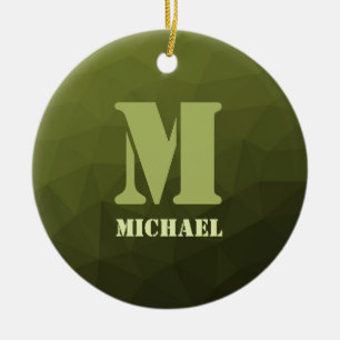 Army green olive geometric mesh pattern Monogram Ceramic Ornament