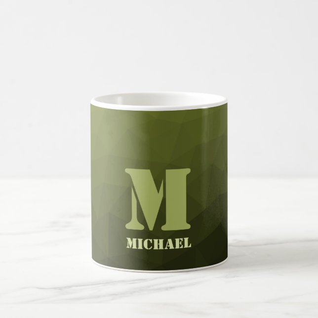 Army green olive geometric mesh pattern Monogram Coffee Mug (Center)