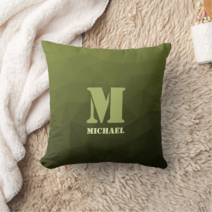 Army green olive geometric mesh pattern Monogram Cushion