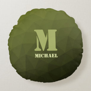 Army green olive geometric mesh pattern Monogram Round Cushion