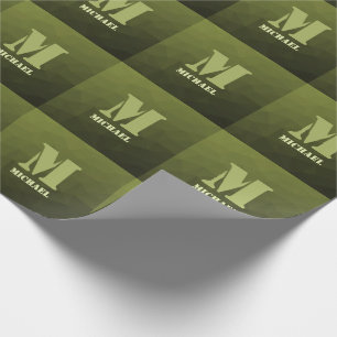 Army green olive geometric mesh pattern Monogram Wrapping Paper