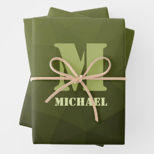 Army green olive geometric mesh pattern Monogram Wrapping Paper Sheet