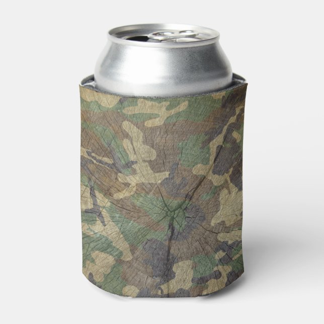 Army Green Woodgrain and Camouflage Print Can Cooler (Can Front)