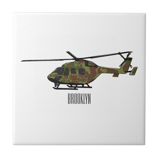 Army helicopter cartoon illustration  ceramic tile (Front)