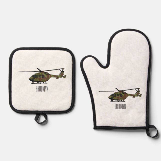Army helicopter cartoon illustration  oven mitt & pot holder set (Front)