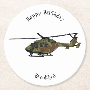Army helicopter cartoon illustration round paper coaster