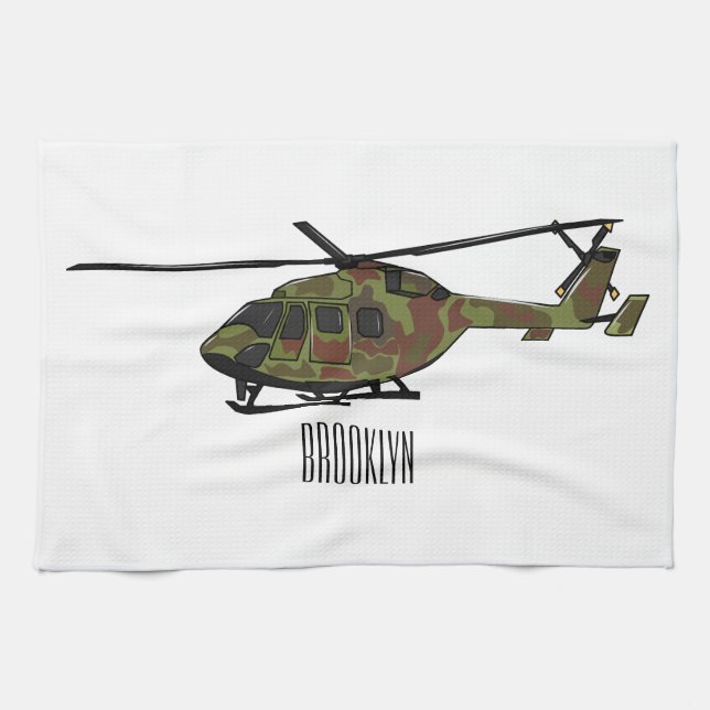 Army helicopter cartoon illustration  tea towel (Horizontal)