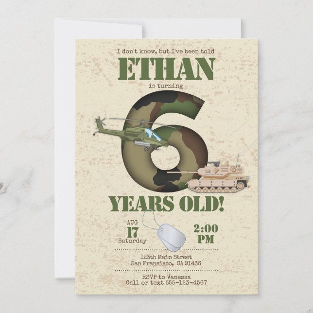 Army Invitation - 6th Birthday Invitation (Front)