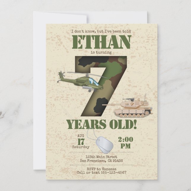 Army Invitation - 7th Birthday Invitation (Front)