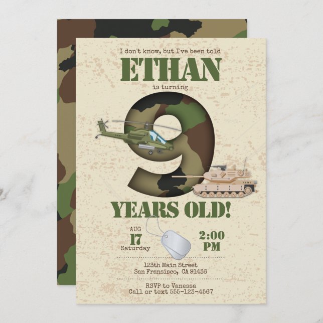 Army Invitation - 9th Birthday Invitation (Front/Back)