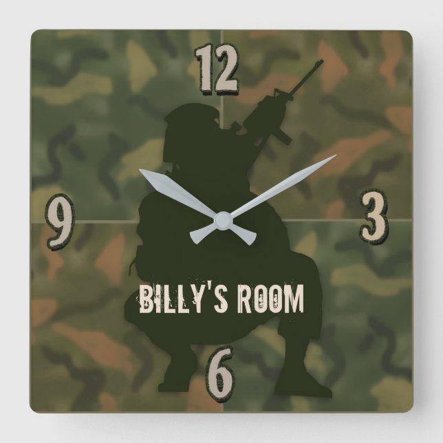 Army Kid's Clock - Camo and soldier-Personalise (Front)