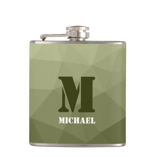 Army light green geometric mesh pattern Monogram Hip Flask (Front)