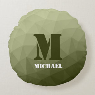 Army light green geometric mesh pattern Monogram Round Cushion