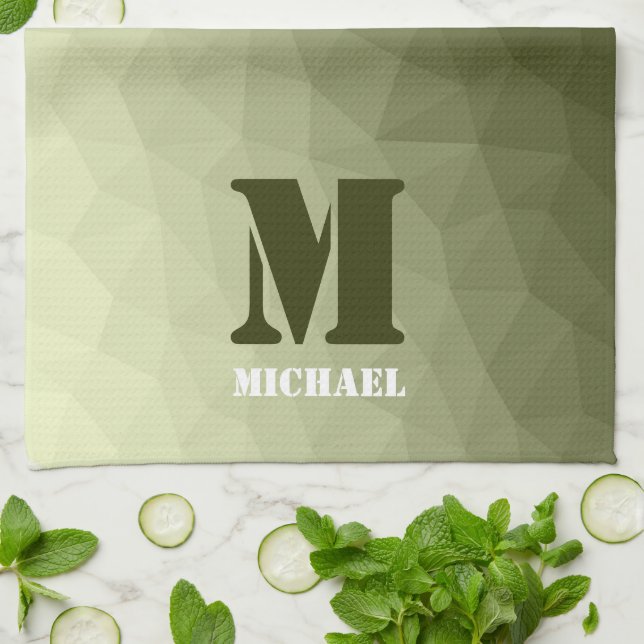 Army light green geometric mesh pattern Monogram Tea Towel (Folded)