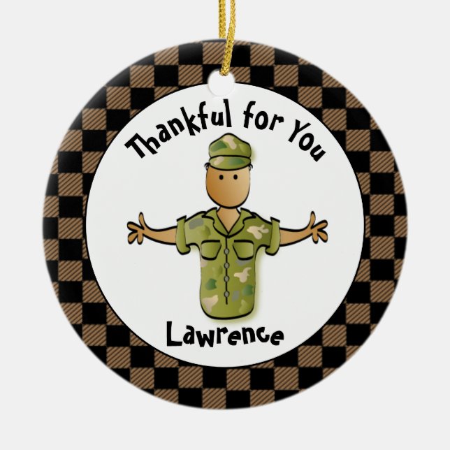 Army Man Cartoon Veteran Ethnic Personalised  Ceramic Ornament (Front)