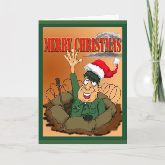 Army Man Waving with Santa Hat Holiday Card (Front)