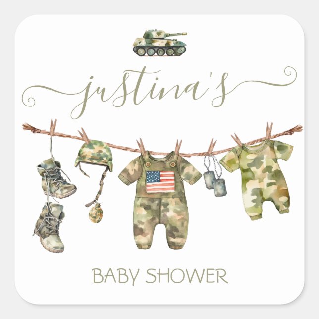 Army Military Baby Shower Clothesline Square Sticker (Front)