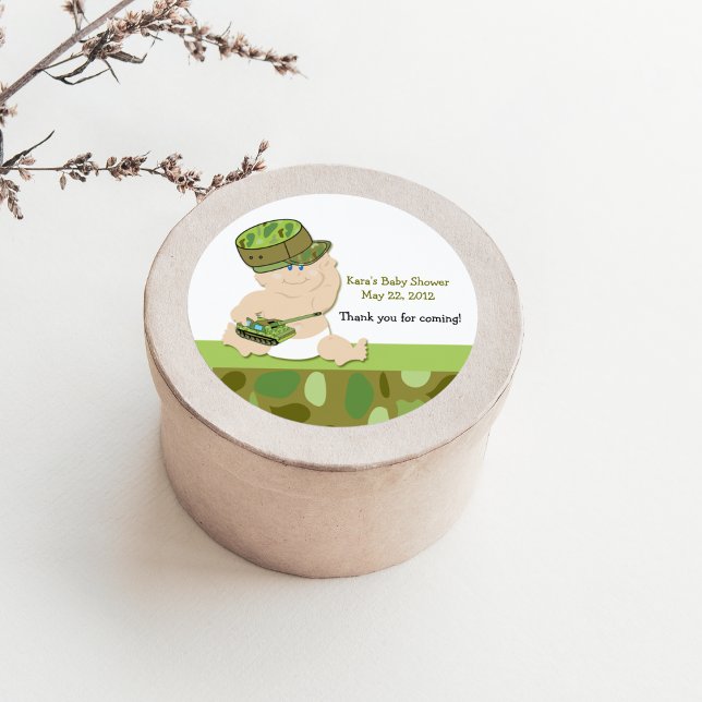 Army Military Camoflauge Baby Shower Favour Sticke Classic Round Sticker (Army Baby Shower Favor Sticker)