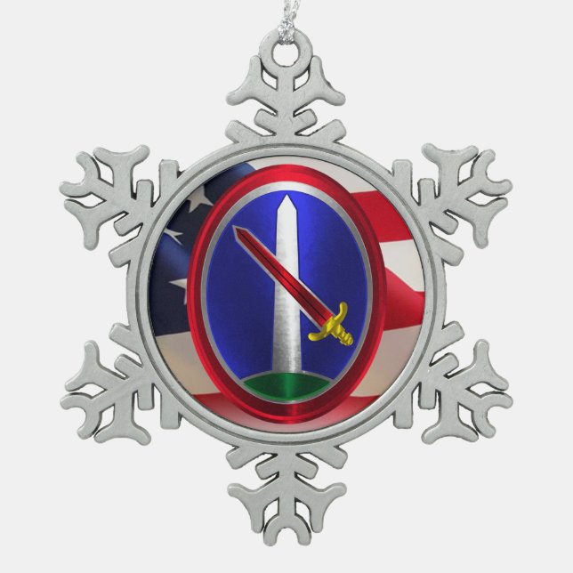 Army Military District Washington Keepsake Snowflake Pewter Christmas Ornament (Front)