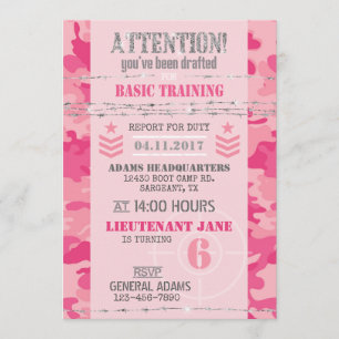 Army Pink GI Jane Camouflage Military Birthday Invitation